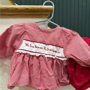 Red Gingham Kids Matching Set with Embroidered Panel